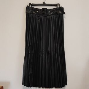Jealous Tomato | Black Pleated Vegan Leather Belted Midi Swing Skirt | M | NWOT